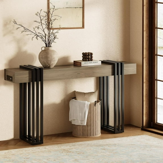 63" Long Console Table for Entryway - Behind Couch Table for Living Room, Wood Sofa Tables with Black Parallel Metal Frame & Power Outlet for Hallway, Entrance, Narrow Foyer, Light Walnut