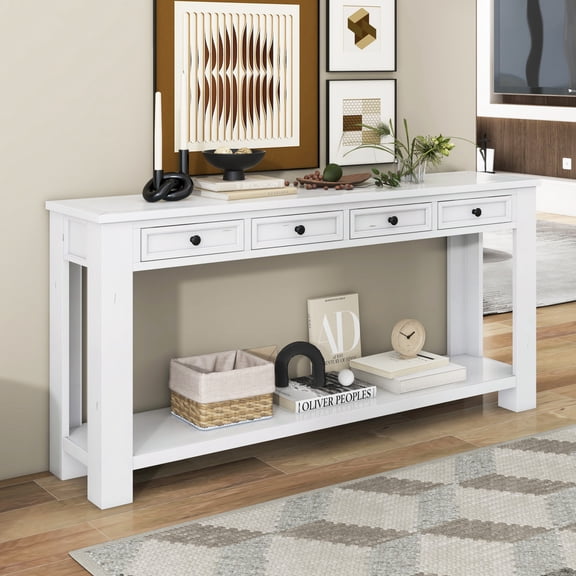 63" Long Console Table for Entryway, Entryway Table with 4 Drawers and Bottom Shelf, Hallway Sofa Table with Solid Wood Legs, Easy Assembled, Side Table for Living Room Home Decor, Antique White