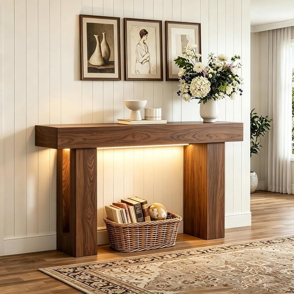 63" Long Console Table for Entryway, Farmhouse Sofa Hallway Table with Motion-Sensor LED Light & 5.9" Thickened Top, Wooden Foyer Table for Behind Couch/Living Room, Walnut