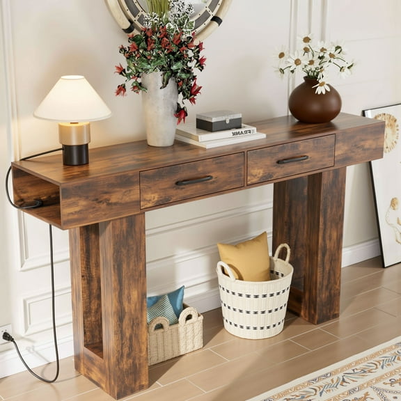 63" Long Console Table for Entryway, Holaki Console Table with Charging Station and 2 Drawer, Wooden Rectangular Sofa Table Behind Couch, Farmhouse Entryway Table for Hallway Living Room Entrance