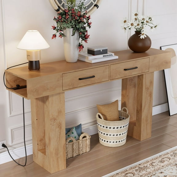 63" Long Console Table for Entryway, Holaki Console Table with Charging Station and 2 Drawer, Wooden Rectangular Sofa Table Behind Couch, Farmhouse Entryway Table for Hallway Living Room Entrance