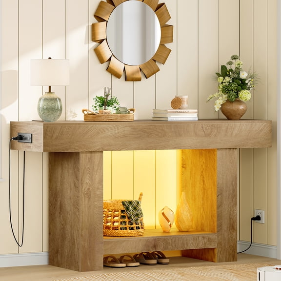 63" Long Console Table, Entryway Table with Charging Station and Adjustable LED Light, 2-Tier Sofa Table, Behind The Couch Table, Farmhouse Narrow Console Tables for Entryway, Living Room, Hallway