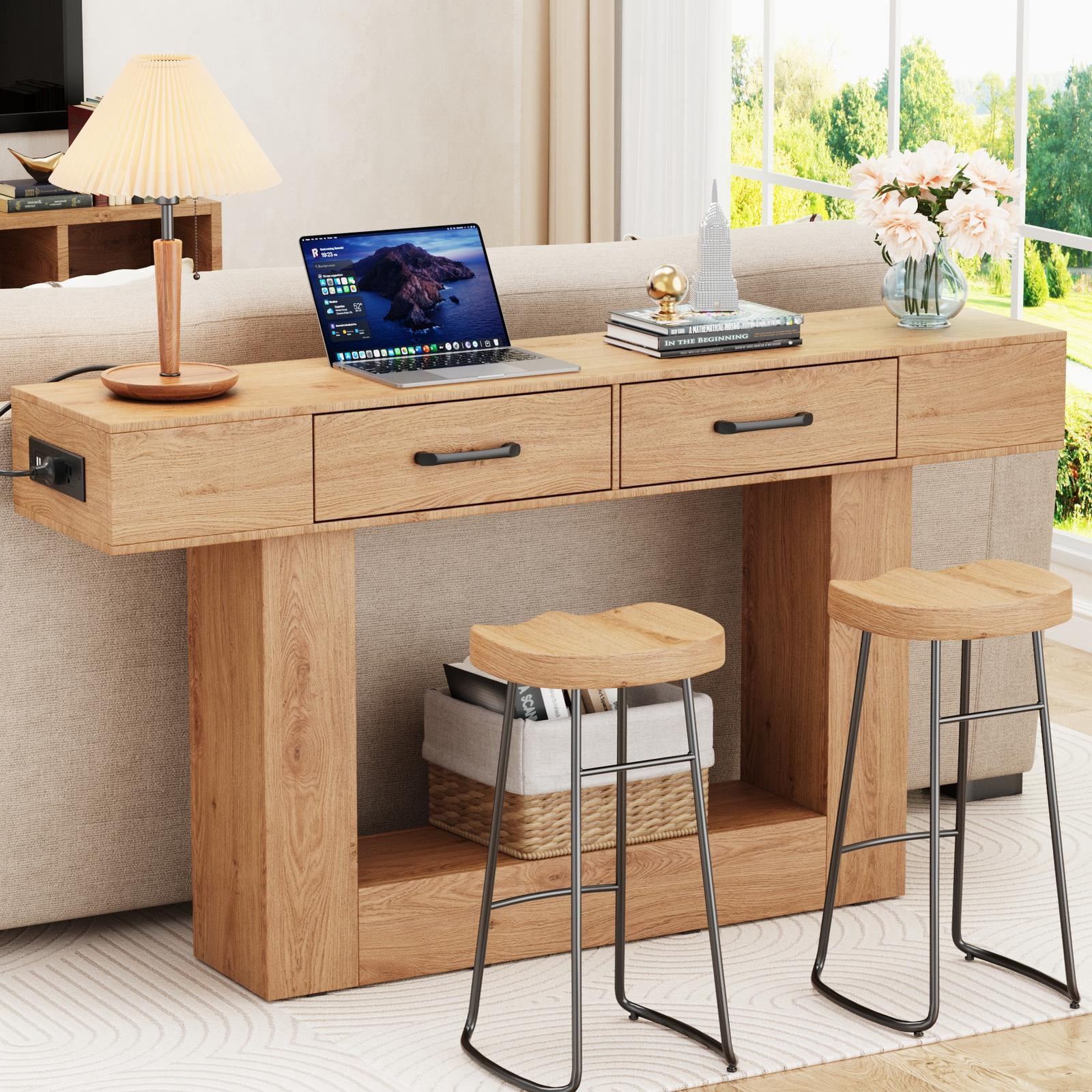 63" Long Console Table, Holaki Modern Farmhouse Entryway Table with 2 Drawers, Outlet & LED Strip, Console Tables with 20 Static Colors & 20 Changing Modes for Living Room, Office, Natural Wood