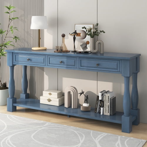 63" Long Console Table, Mediterranean Style, 3 Drawers and Shelf, Wood Storage Sofa Table for Entryway Hallway Living Room, Navy