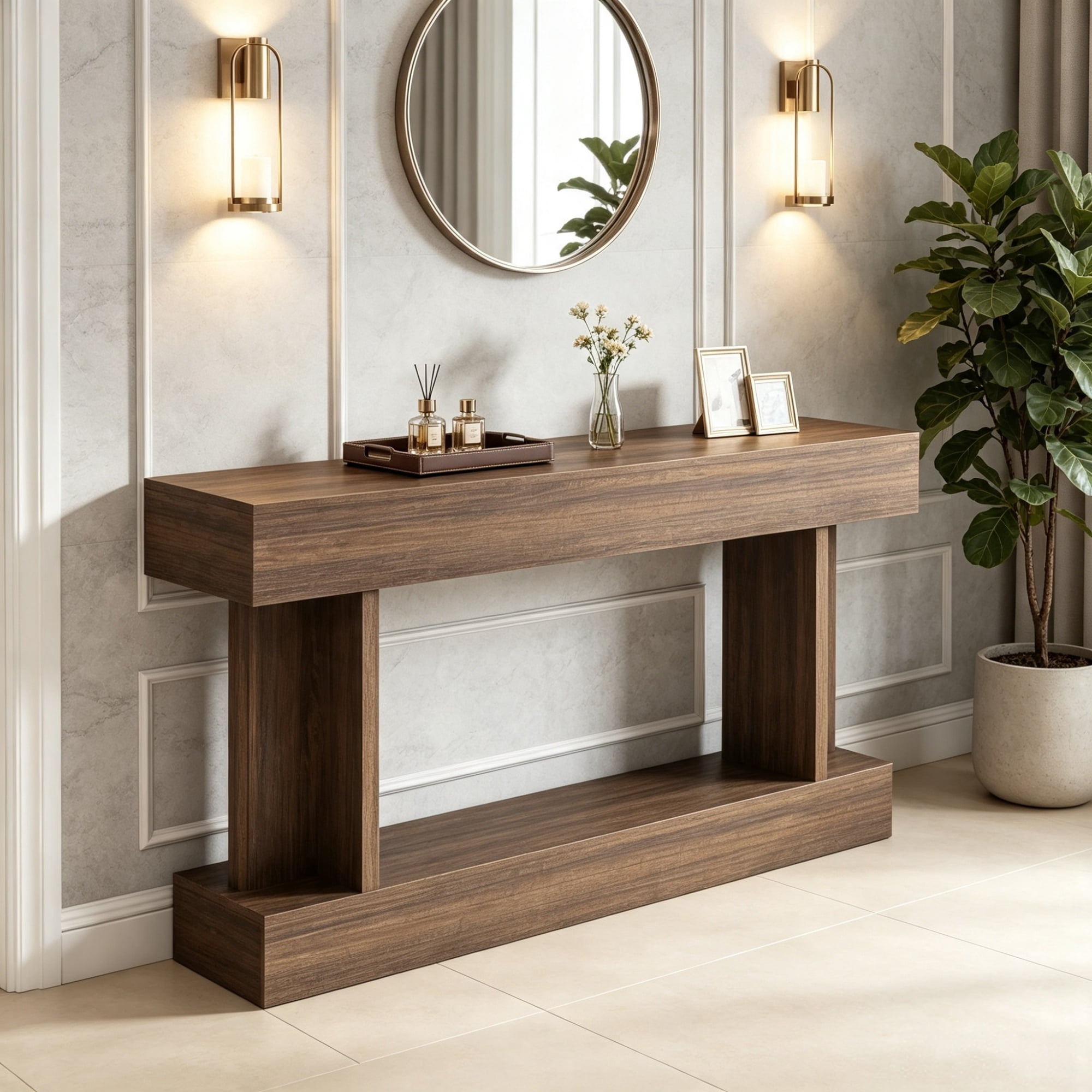 63" Long Console Table, Vintage Narrow Entryway Table with Storage Shelf for Living Room Hallway, Brown