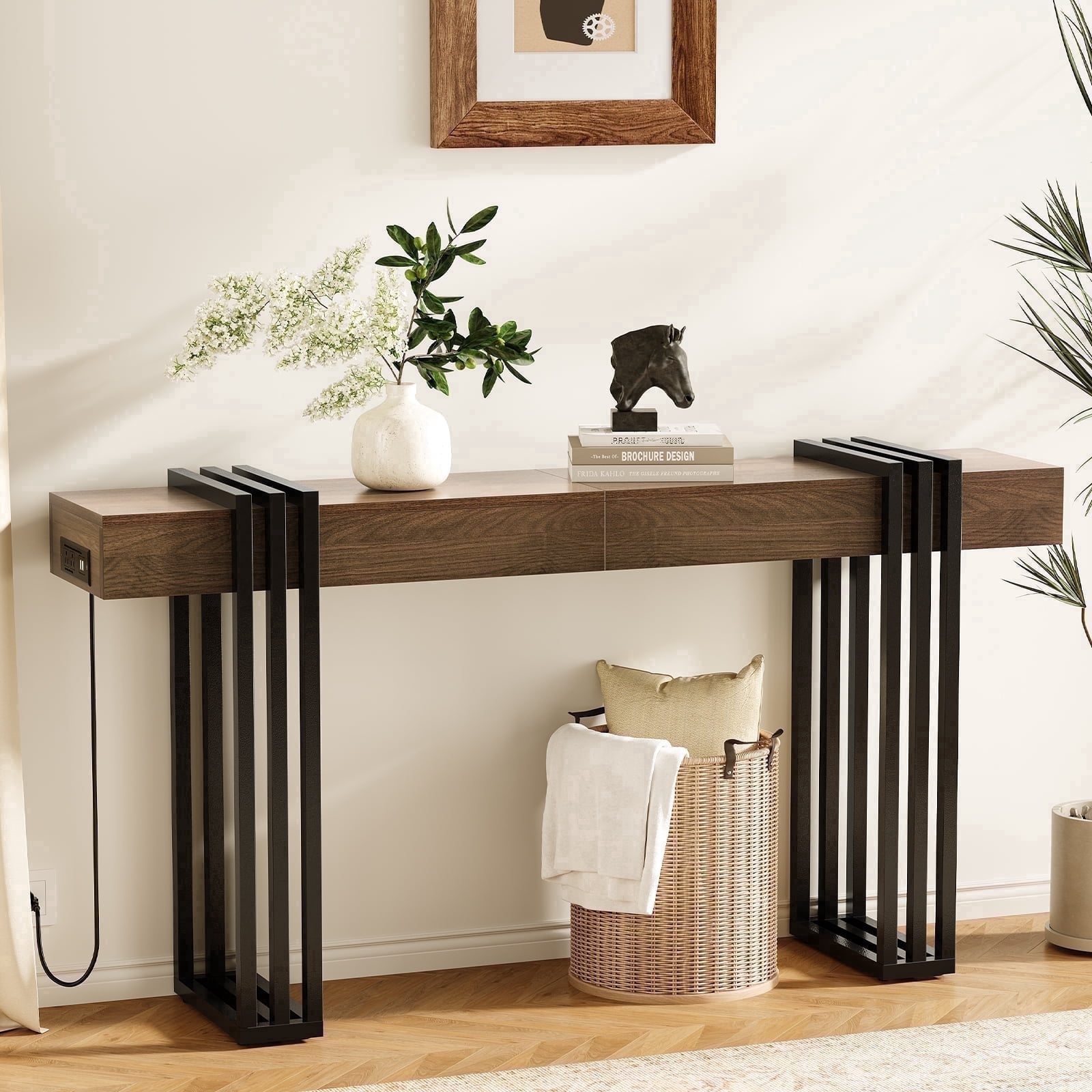 HIPPIY Co.ltd 63" Long Console Table, Wood Entryway Table with Black Parallel Metal Frame & Outlet, Sofa Table Behind Couch for Hallway Living Room Foyer, Walnut