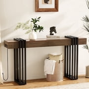 63" Long Console Table, Wood Entryway Table with Black Parallel Metal Frame & Outlet, Sofa Table Behind Couch for Hallway Living Room Foyer, Walnut