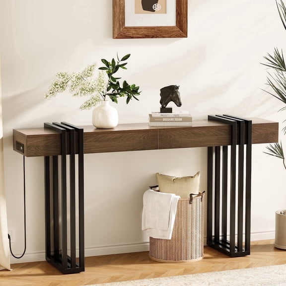 63" Long Console Table, Wood Entryway Table with Black Parallel Metal Frame & Outlet, Sofa Table Behind Couch for Hallway Living Room Foyer, Walnut