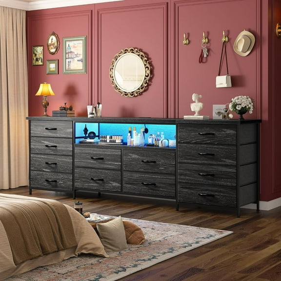 63" Long Dresser for Bedroom with 12 Fabric Drawers Entertainment Center with LED Lights & Power Outlets TV Stand for 70 Inch TV, Storage Organizer for Bedroom, Black