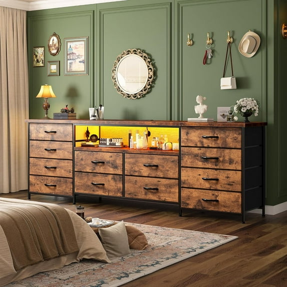 63" Long Dresser for Bedroom with 12 Fabric Drawers Entertainment Center with LED Lights & Power Outlets TV Stand for 70 Inch TV, Storage Organizer for Bedroom, Rustic Brown