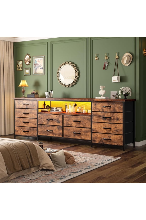 63" Long Dresser for Bedroom with 12 Fabric Drawers Entertainment Center with LED Lights & Power Outlets TV Stand for 70 Inch TV, Storage Organizer for Bedroom, Rustic Brown