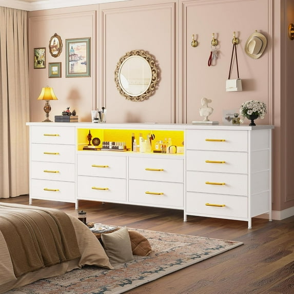 63" Long Dresser for Bedroom with 12 Fabric Drawers Entertainment Center with LED Lights & Power Outlets TV Stand for 70 Inch TV, Storage Organizer for Bedroom, White