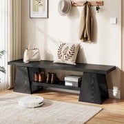 63'' Long Entryway Bench, Black Rustic Farmhouse Wooden Entry Way Bench Seat Indoor with Shoe Storage Shelf, 3-Tier Hallway Bench with Triangle Legs for End of Bed, Dining, Living Room Bedroom, Foyer