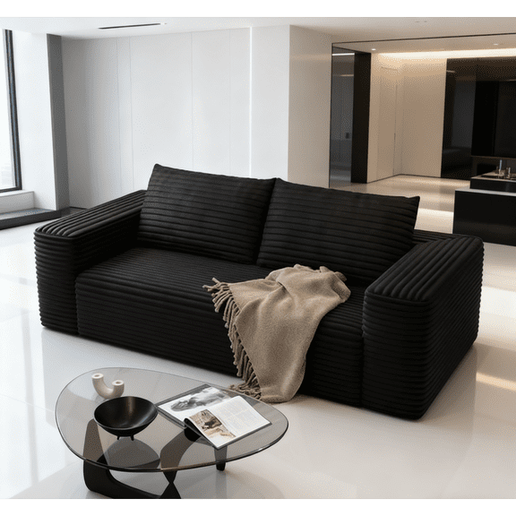 63" Loveseat Sofa Couch,Cloud 2 Seater Boneless Couch,Deep Seat Corduroy Sofa,Modern Compressed Sofa Small Couches for Small Spaces,Apartement,Black