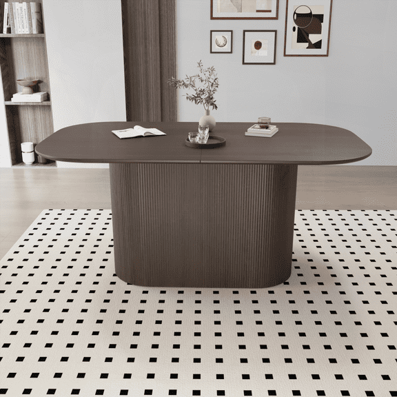 63" MDF Dining Table with Regular Edge, 4-8 Person Capacity, Brown Style, Vertical Striped Legs, Thick Elegant Top for Home & Kitchen