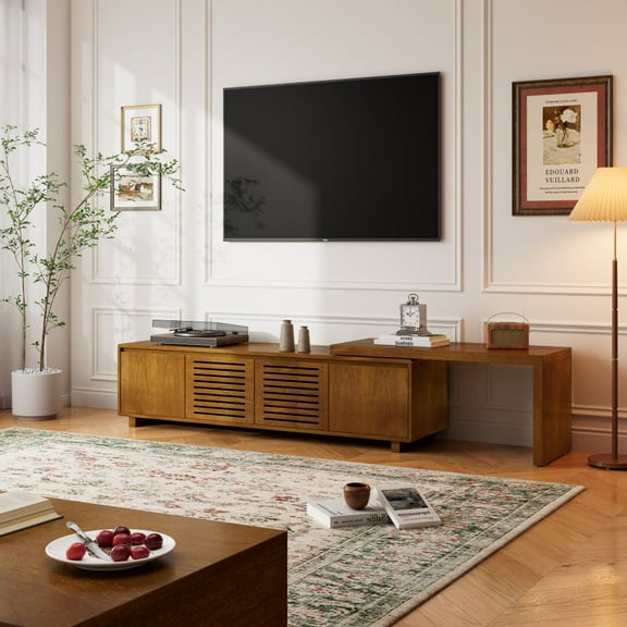 63" Mid-Century Modern Extendable TV Stand with Storage & Adjustable Panel for TVs up to 75", For Living Room, Bedroom