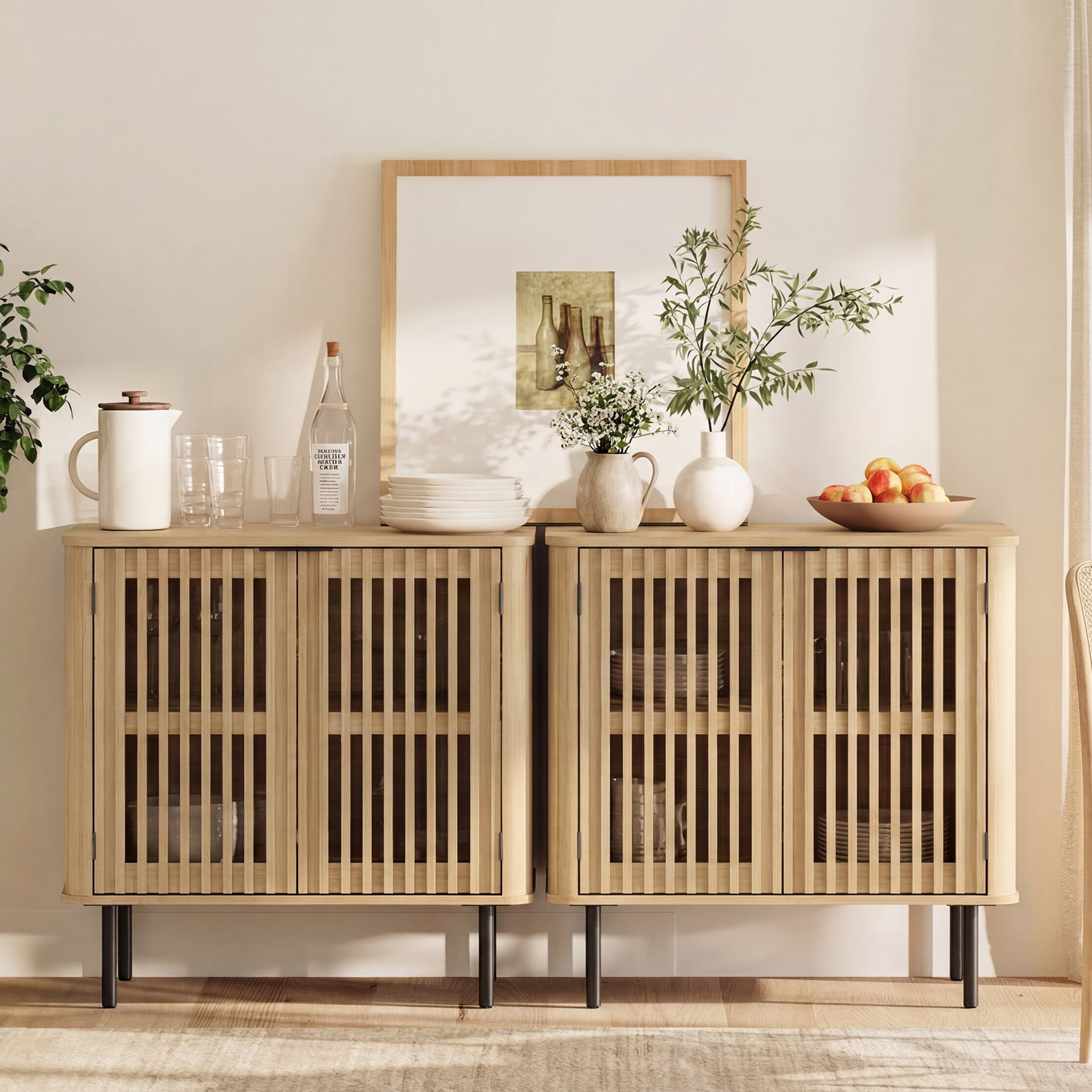 63" Mid Century Modern Sideboard Buffet Cabinet with Storage,Fluted Sideboard Cabinet with Adjustable Shelf, Oak