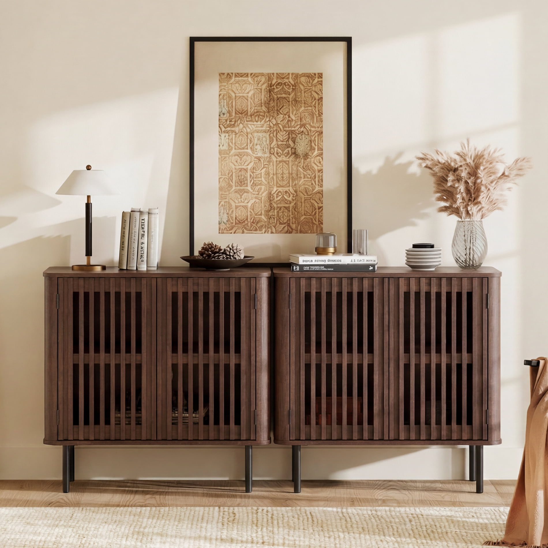 63" Mid Century Modern Sideboard Buffet Cabinet with Storage,Fluted Sideboard Cabinet with Adjustable Shelf, Walnut