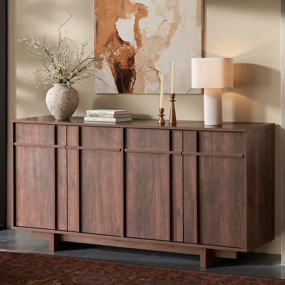 CooLove 63" Mid Century Modern Sideboard Buffet Cabinet with Storage, Skeleton Line, Walnut