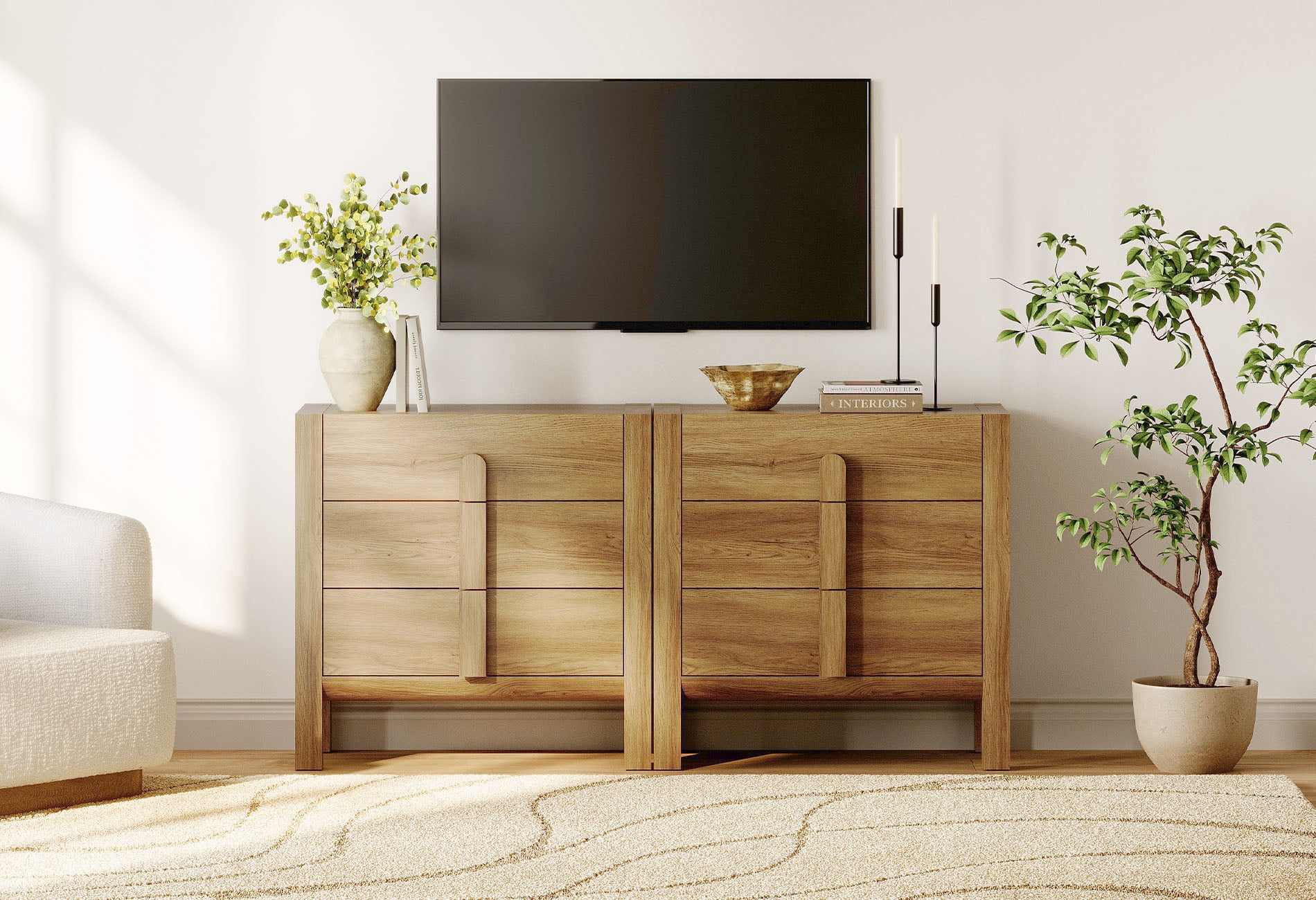 63" Mid-Century Modern TV Stand, Dresser with 6 Drawers, Wooden TV Console with Storage for Living Room,Bedroom