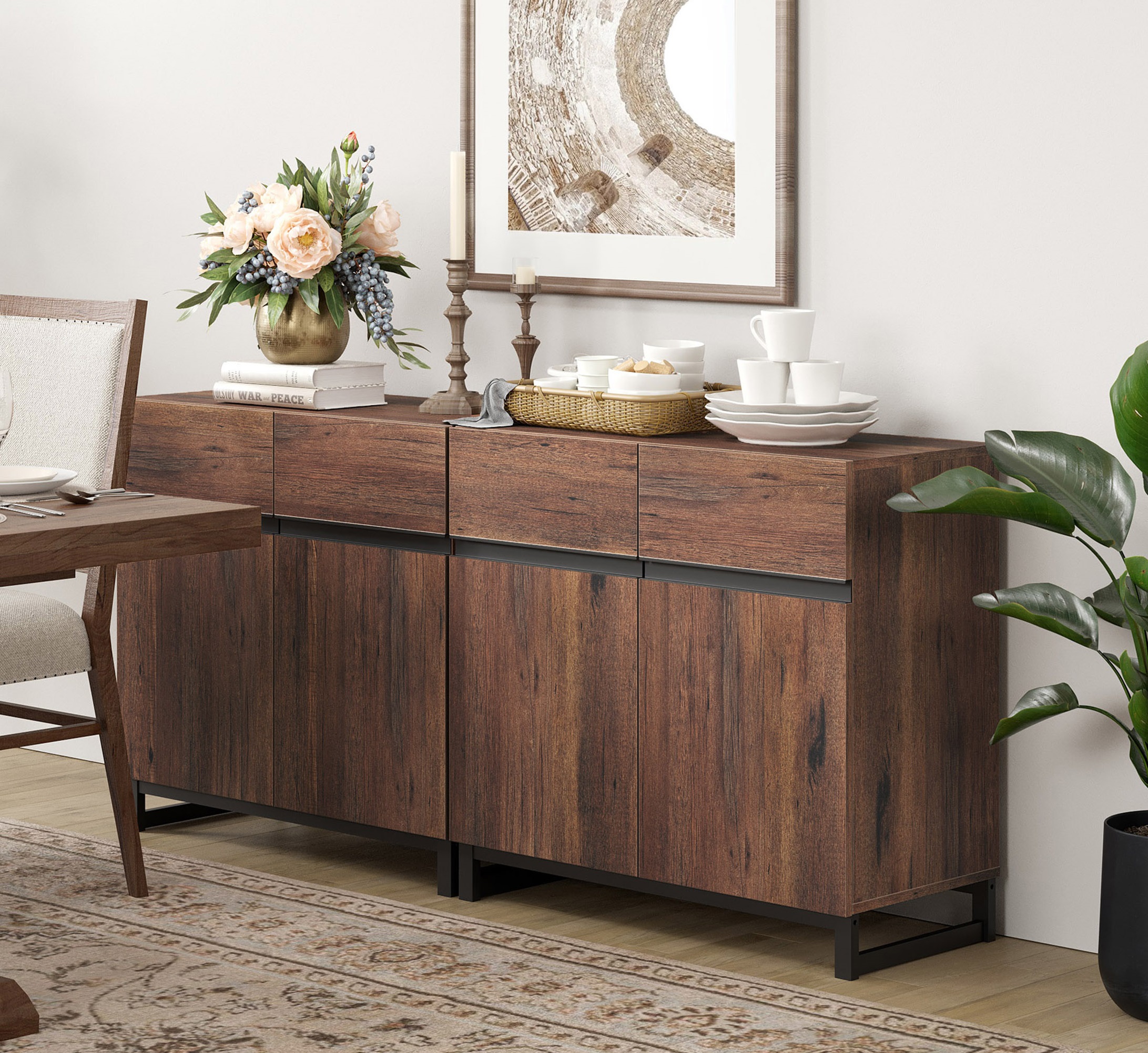 63"Modern 2-in-1 Multifunctional Sideboard Buffet with Adjustable Shelf & Metal Base, Wood Grain,Brown