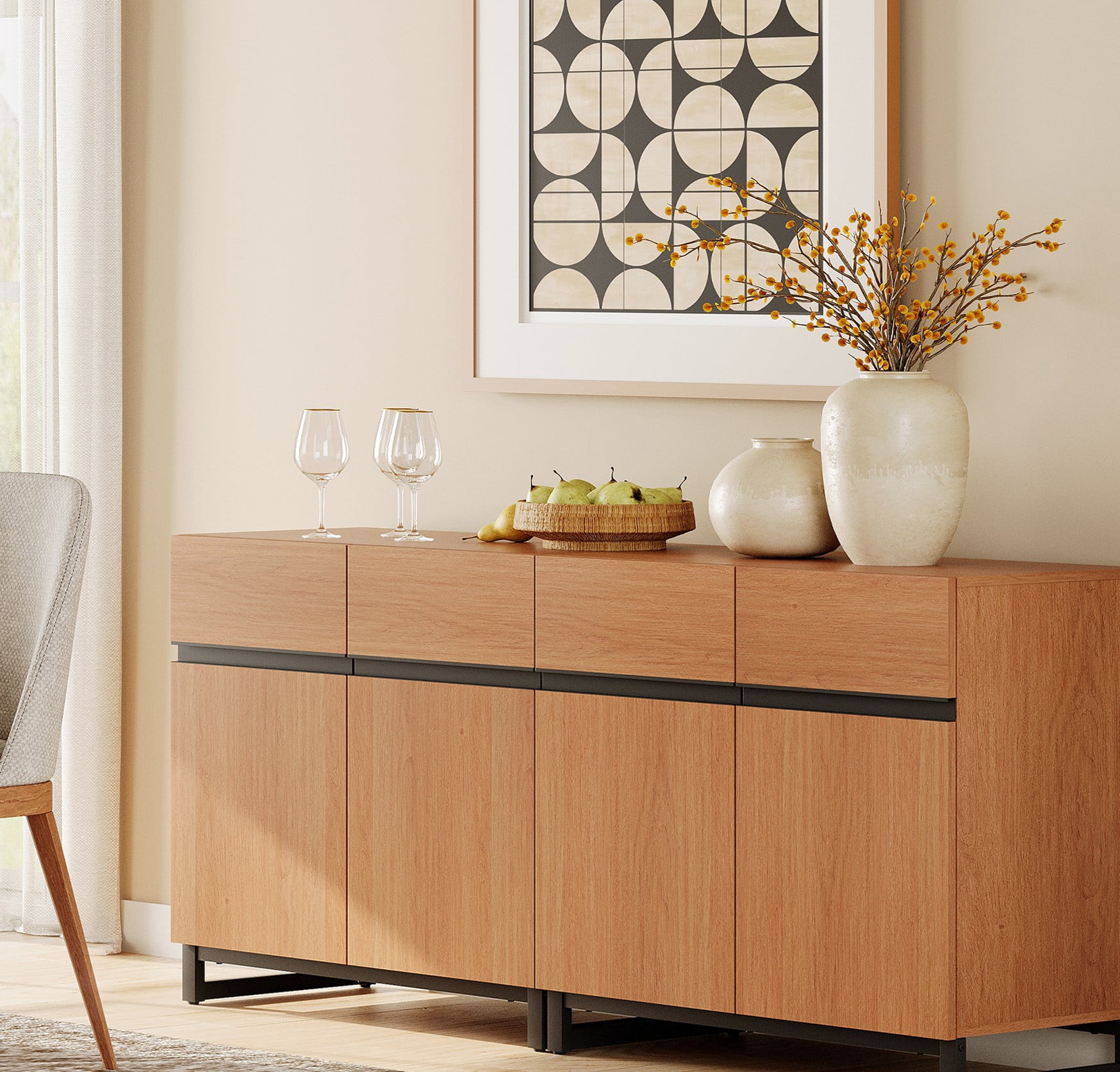 63"Modern 2-in-1 Multifunctional Sideboard Buffet with Adjustable Shelf & Metal Base, Wood Grain,Mocha