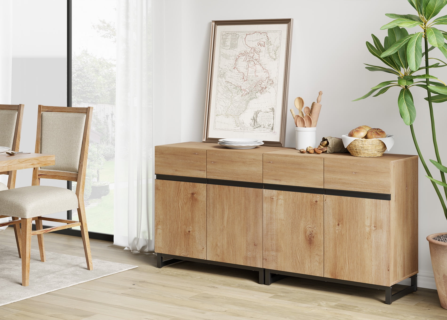 63"Modern 2-in-1 Multifunctional Sideboard Buffet with Adjustable Shelf & Metal Base, Wood Grain,Oak