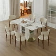 thumbnail image 1 of 63" Modern 4-6 Person Dining Table Set with Storage, Burnt Stone Tabletop & Gold Solid Wood Base, Includes 6 White PU Chairs for Kitchen, Apartment, 1 of 9