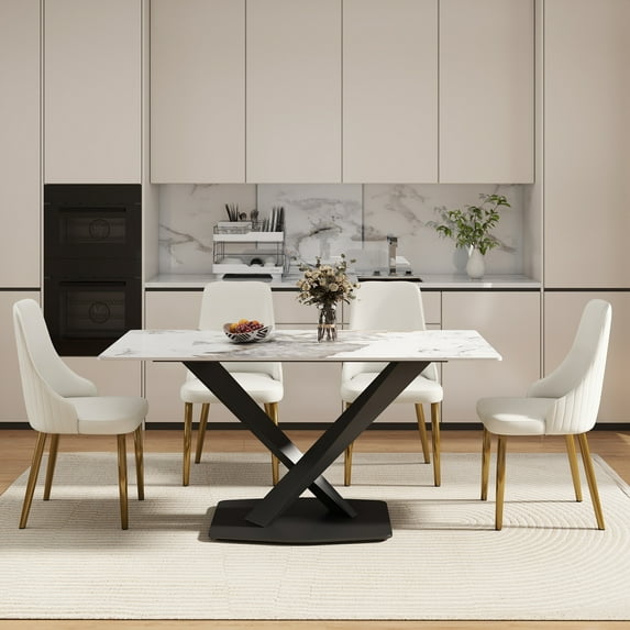 63" Modern Artificial Stone Pandora White Straight Edge Black Metal X-Leg Dining Table -6 People