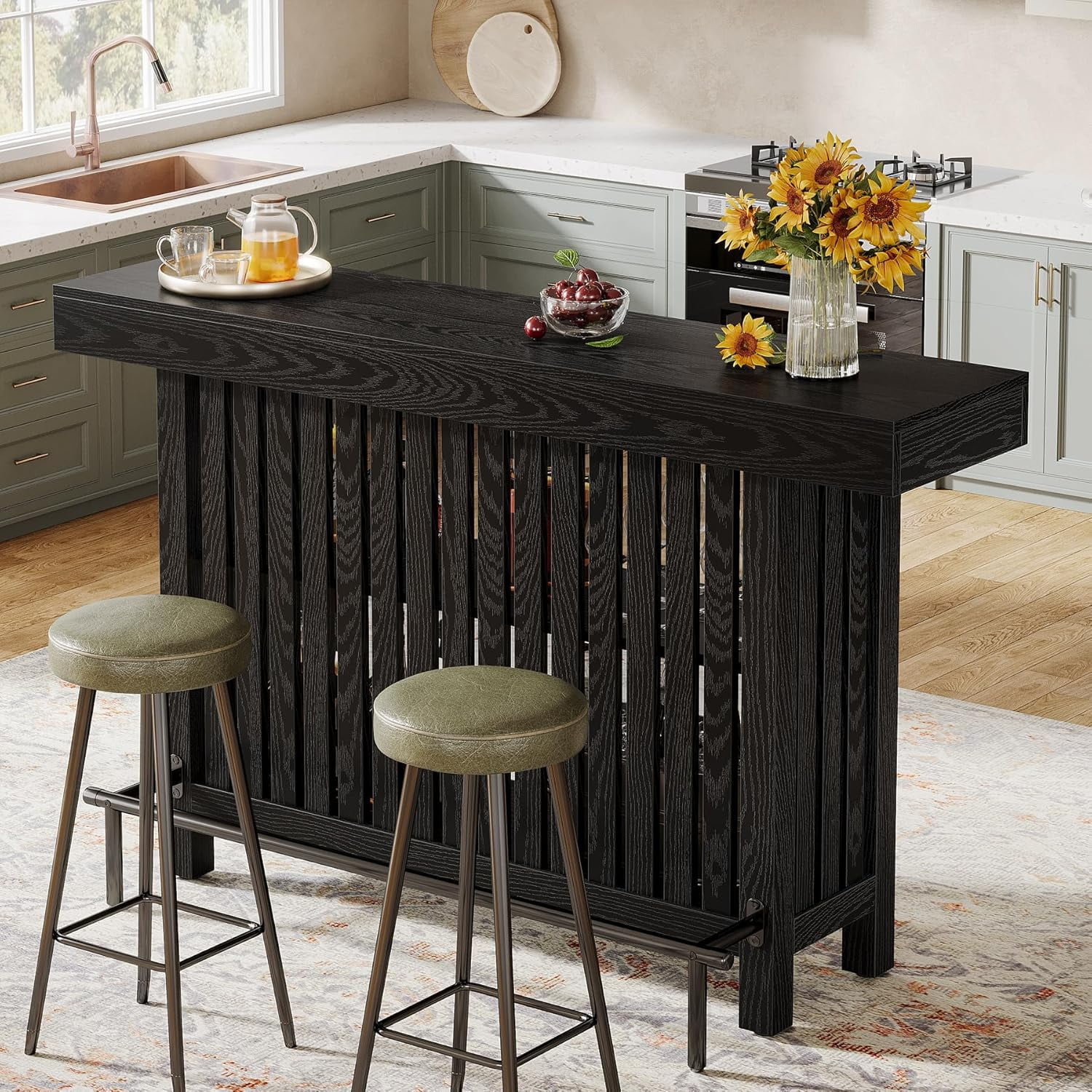 63" Modern Black Home Bar Unit – 2-Tier Mini Bar Table with Footrest ...