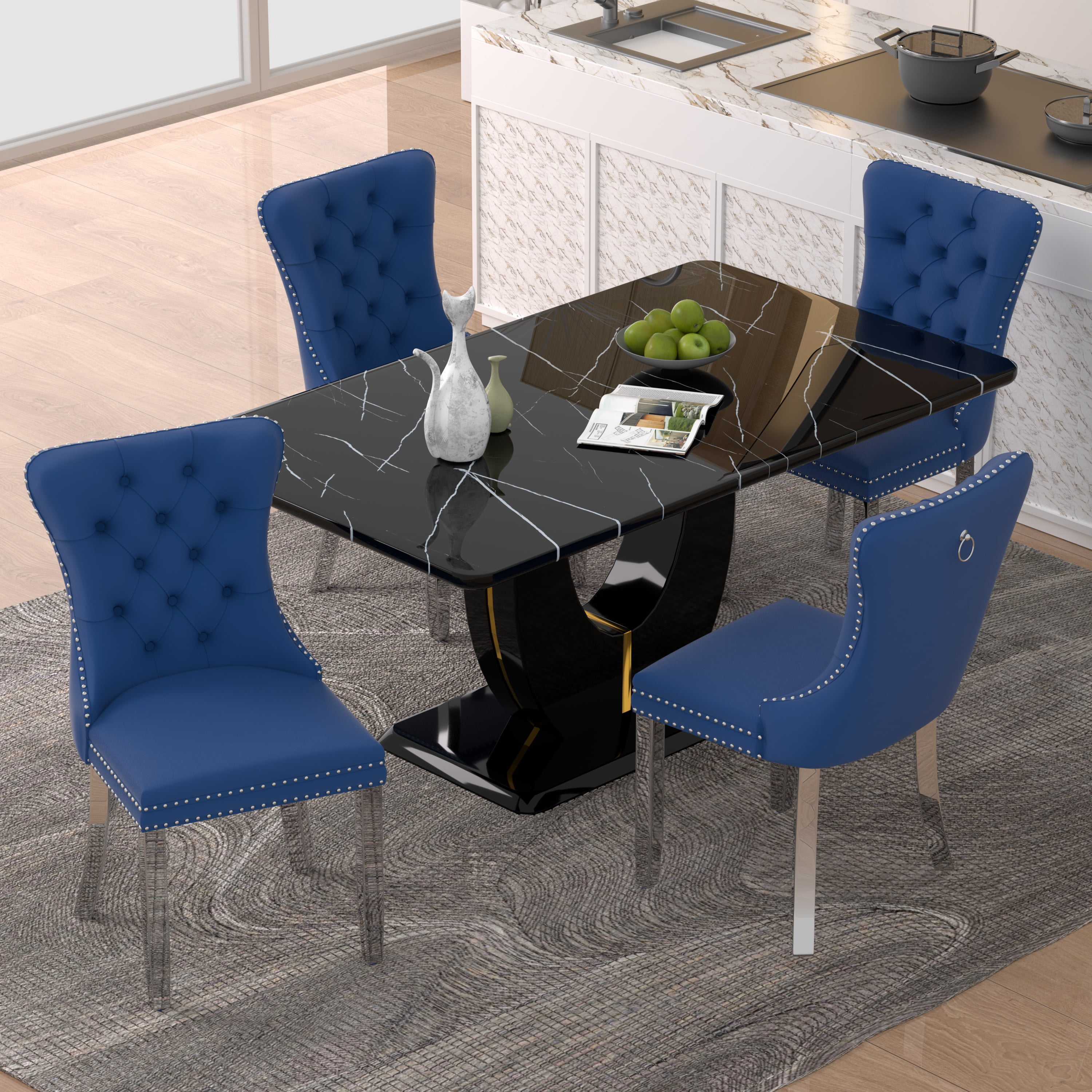 63" Modern Black Rectangle Faux Marble Dining Table Room Sets for 4 ...