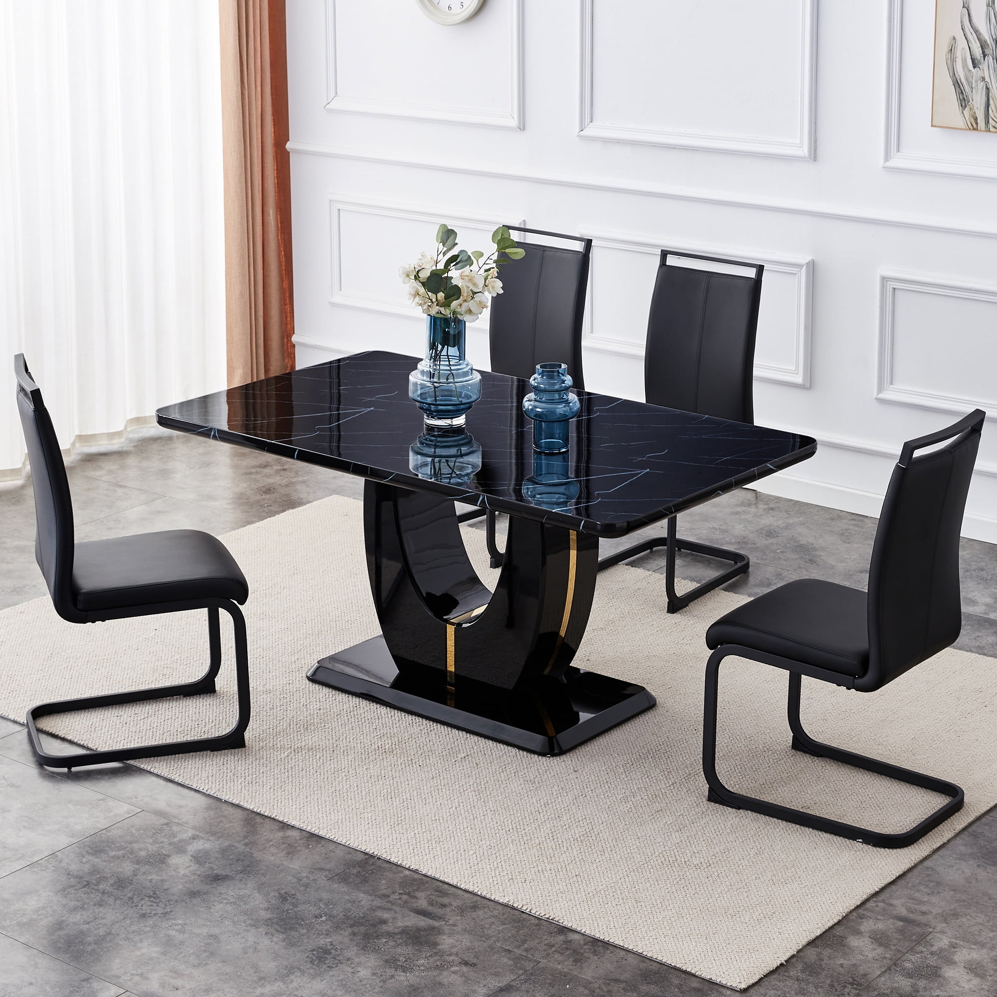 63" Modern Black Rectangle Faux Marble Dining Table Room Sets for 4 ...