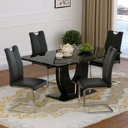 63" Modern Black Rectangle Faux Marble Dining Table Room Sets for 4,Dining Table with 4 PU Leather Dining Chairs,Black Table and 4 Black C-shaped Chairs with Si