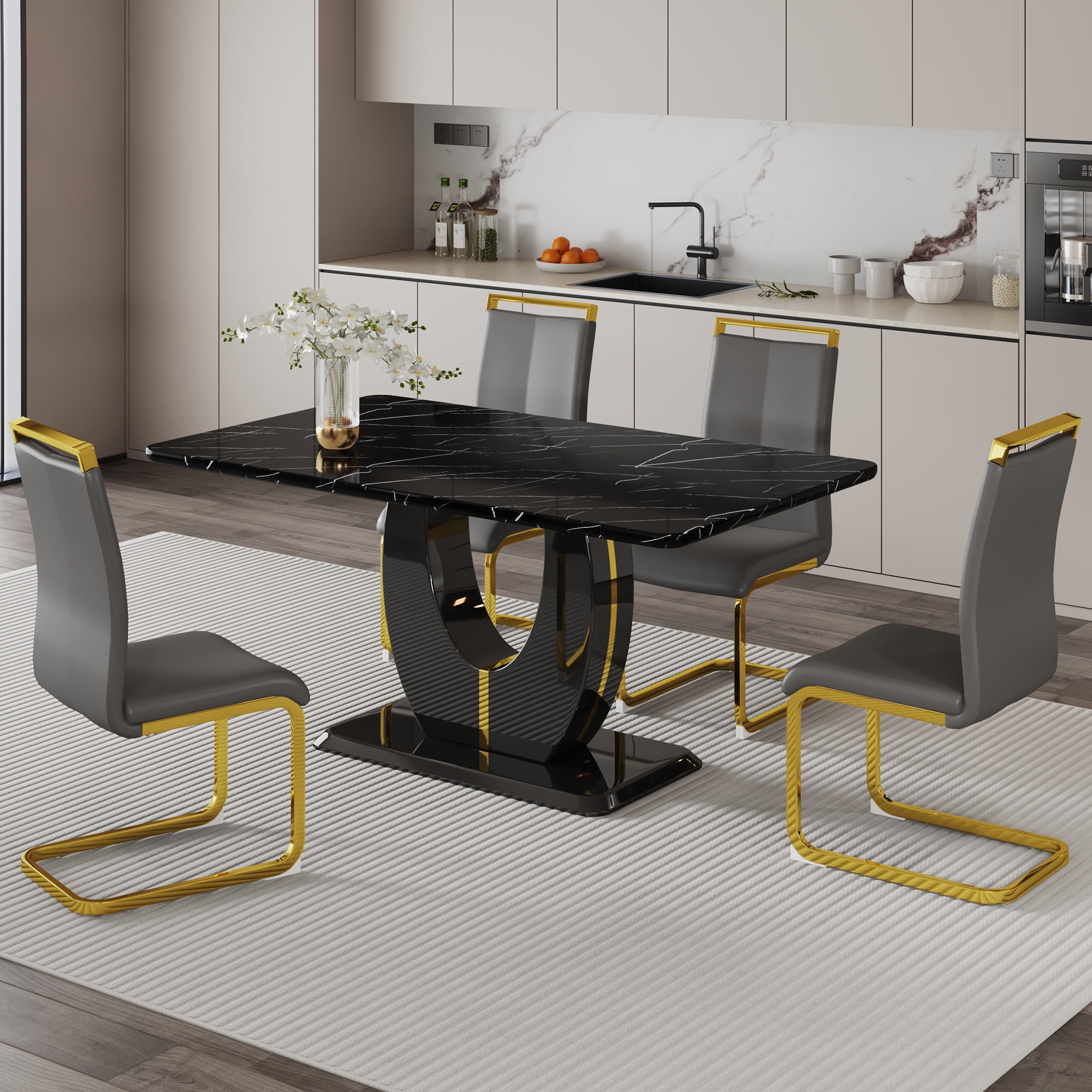 63" Modern Black Rectangle Faux Marble Dining Table Room Sets for 4 ...