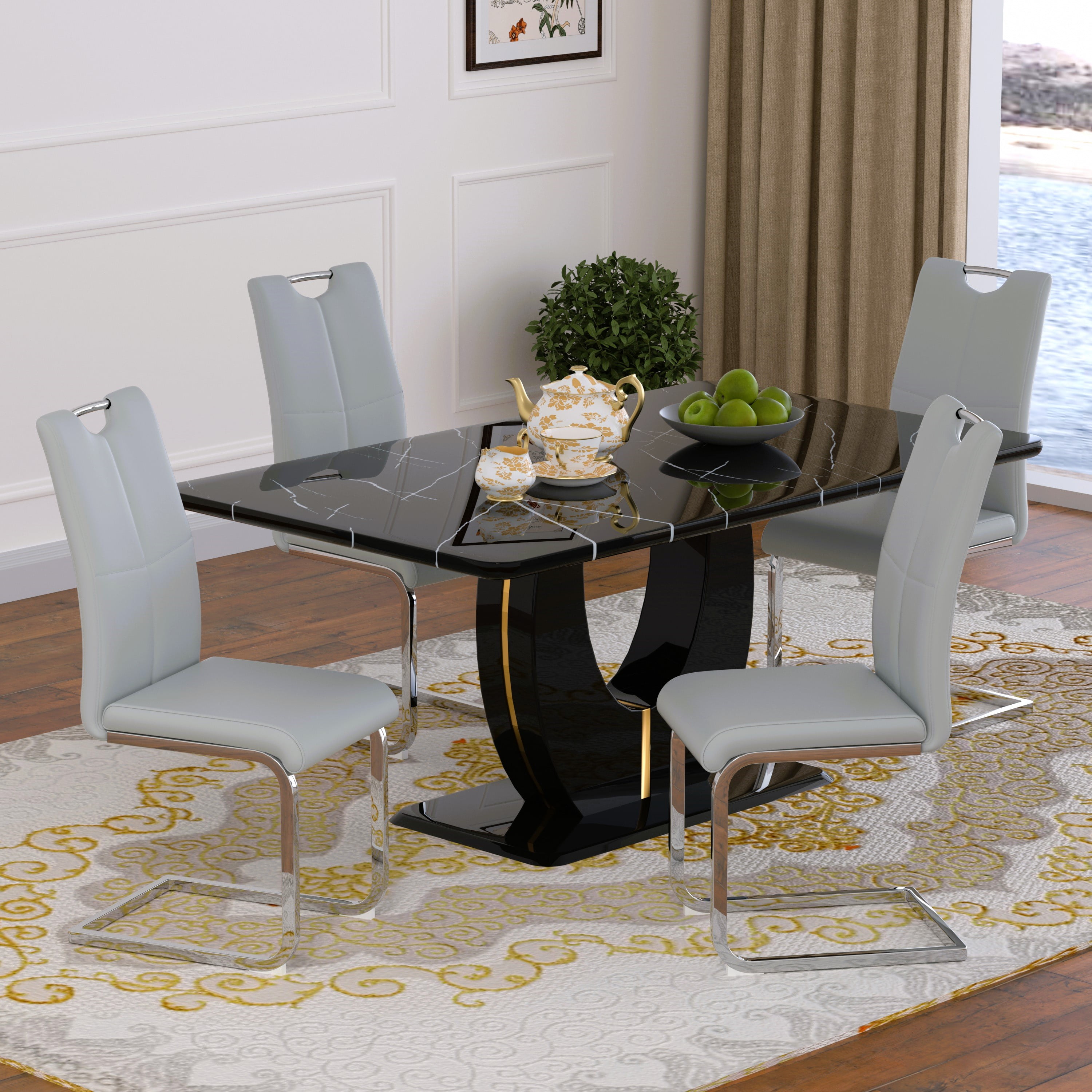 63" Modern Black Rectangle Faux Marble Dining Table Room Sets for 4 ...