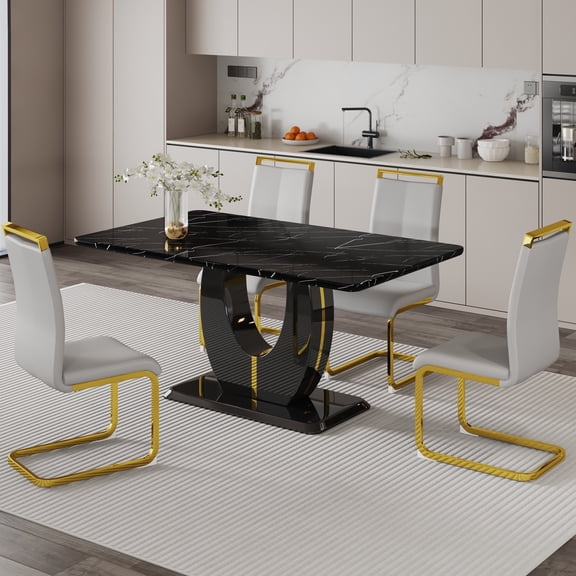 63" Modern Black Rectangle Faux Marble Dining Table Room Sets for 4,Dining Table with 4 PU Leather Dining Chairs,Black Table and 4 Light Gray C-shaped Chairs with Golden Leg