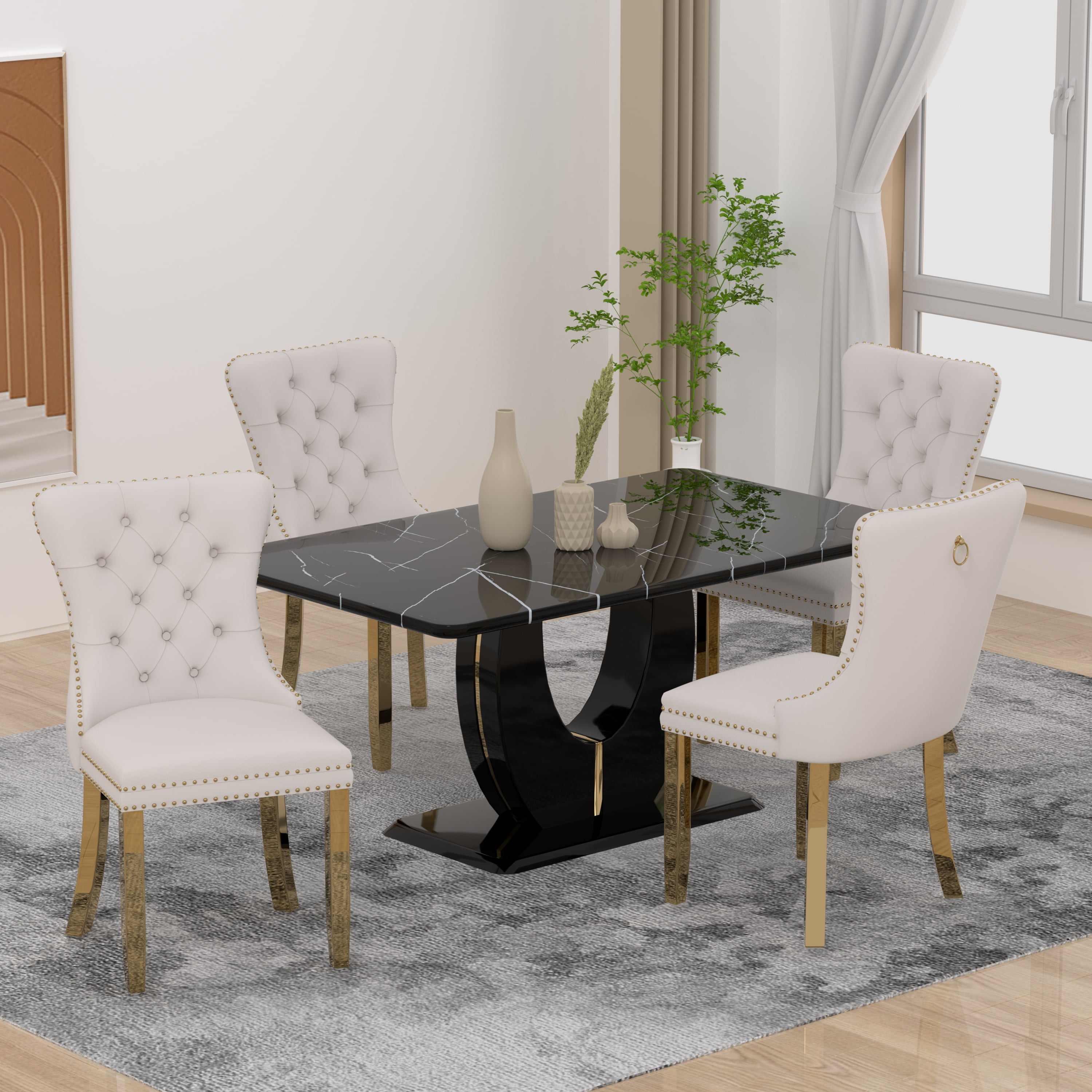 63" Modern Black Rectangle Faux Marble Dining Table Room Sets for 4 ...