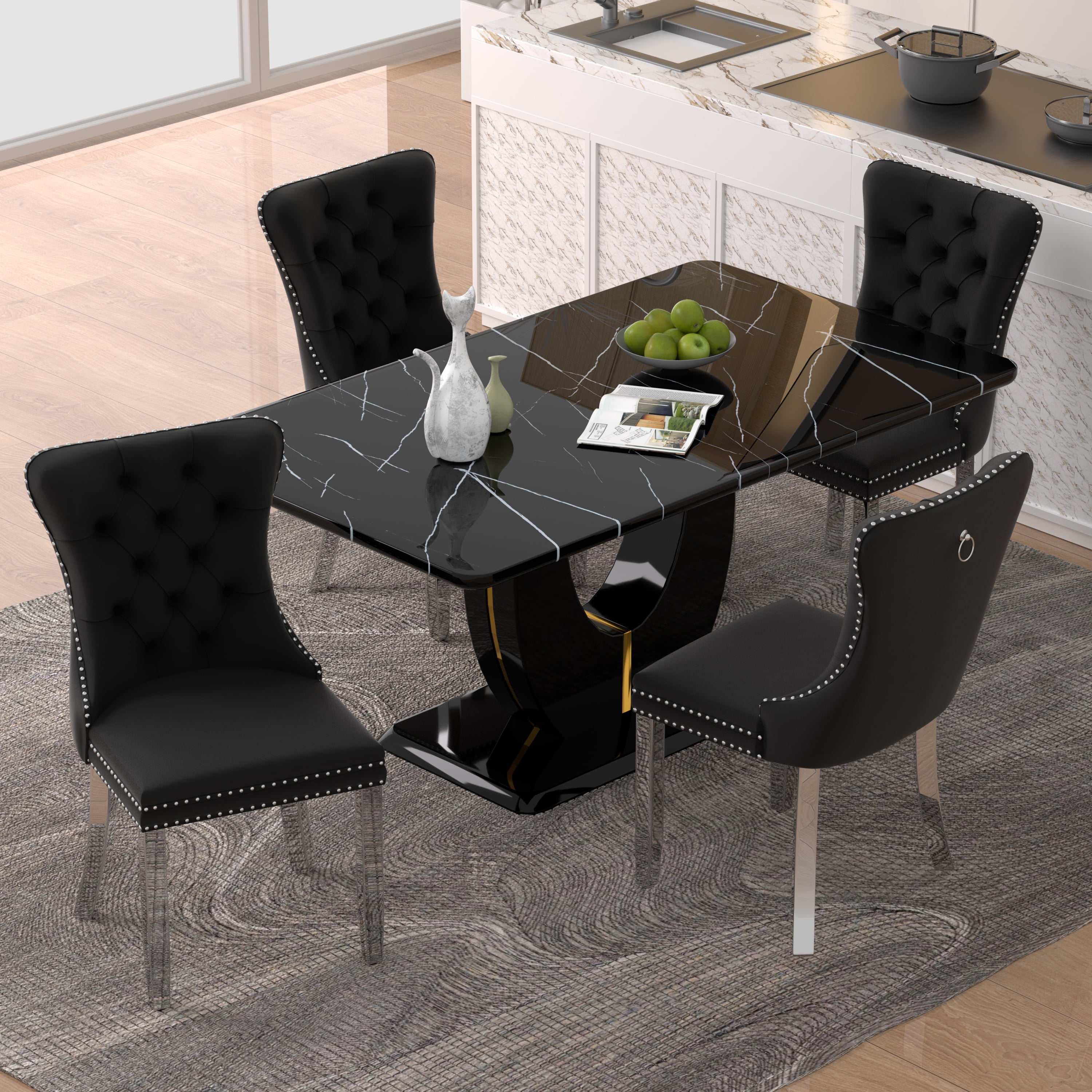 63" Modern Black Rectangle Faux Marble Dining Table Room Sets for 4 ...