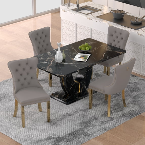 63" Modern Black Rectangle Faux Marble Dining Table Room Sets for 4,Dining Table with 4 Velvet Dining Chairs,Black Table and 4 Gray Chairs with Golden Leg