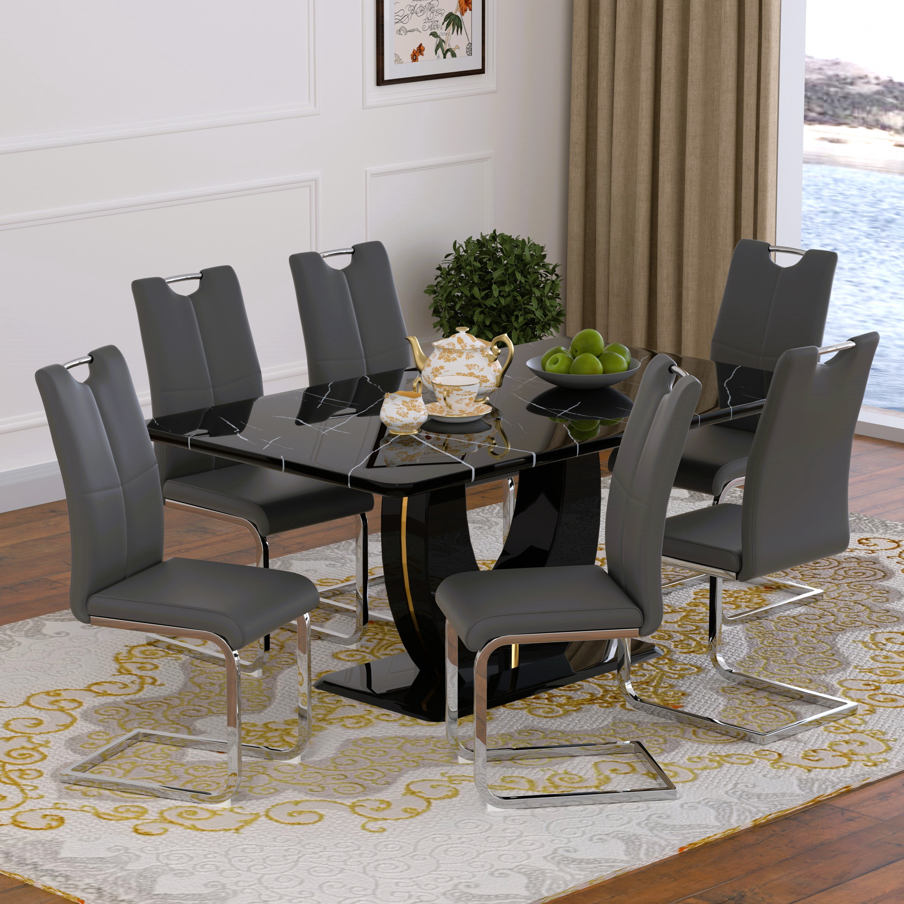 63" Modern Black Rectangle Faux Marble Dining Table Room Sets for 6 ...
