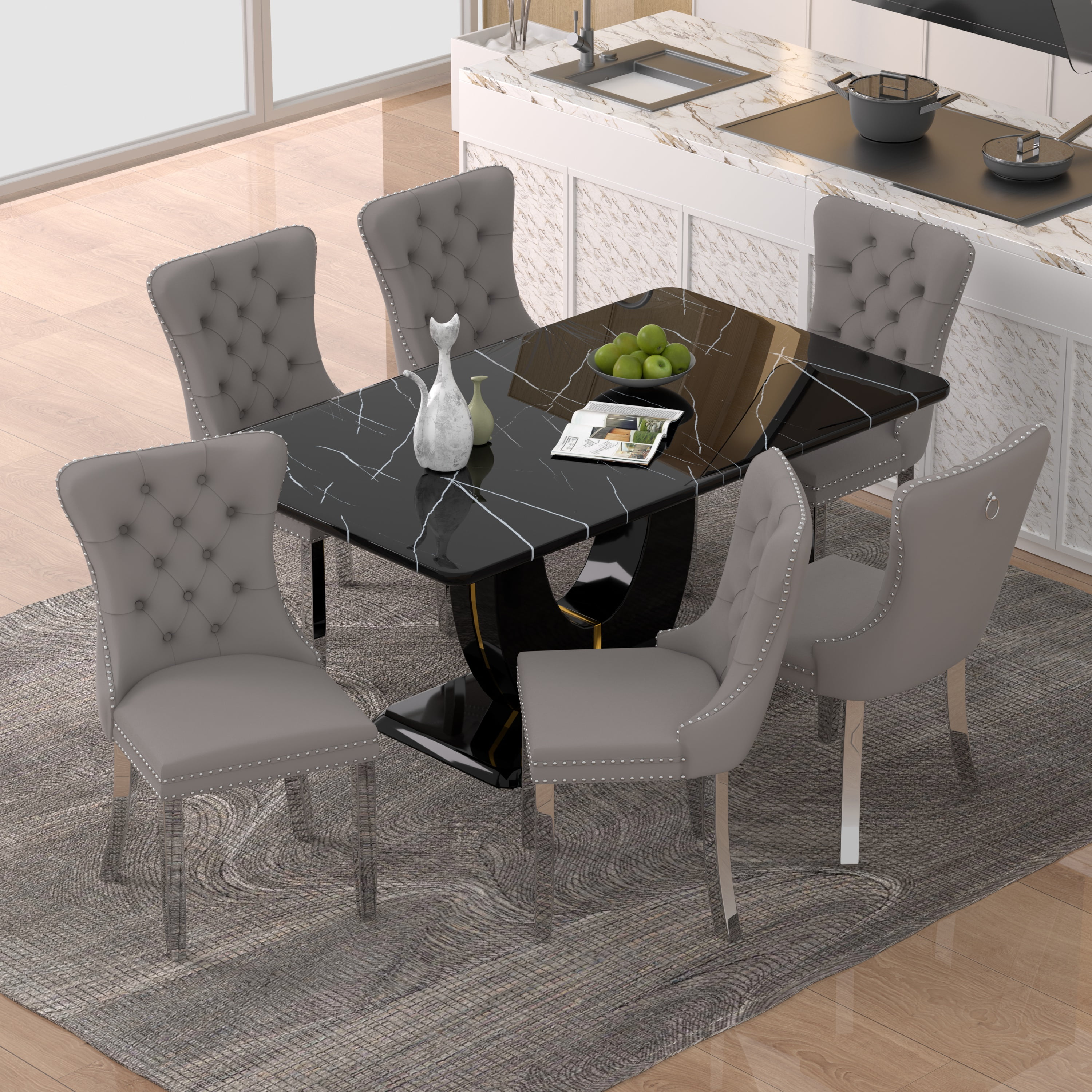 63" Modern Black Rectangle Faux Marble Dining Table Room Sets for 6 ...