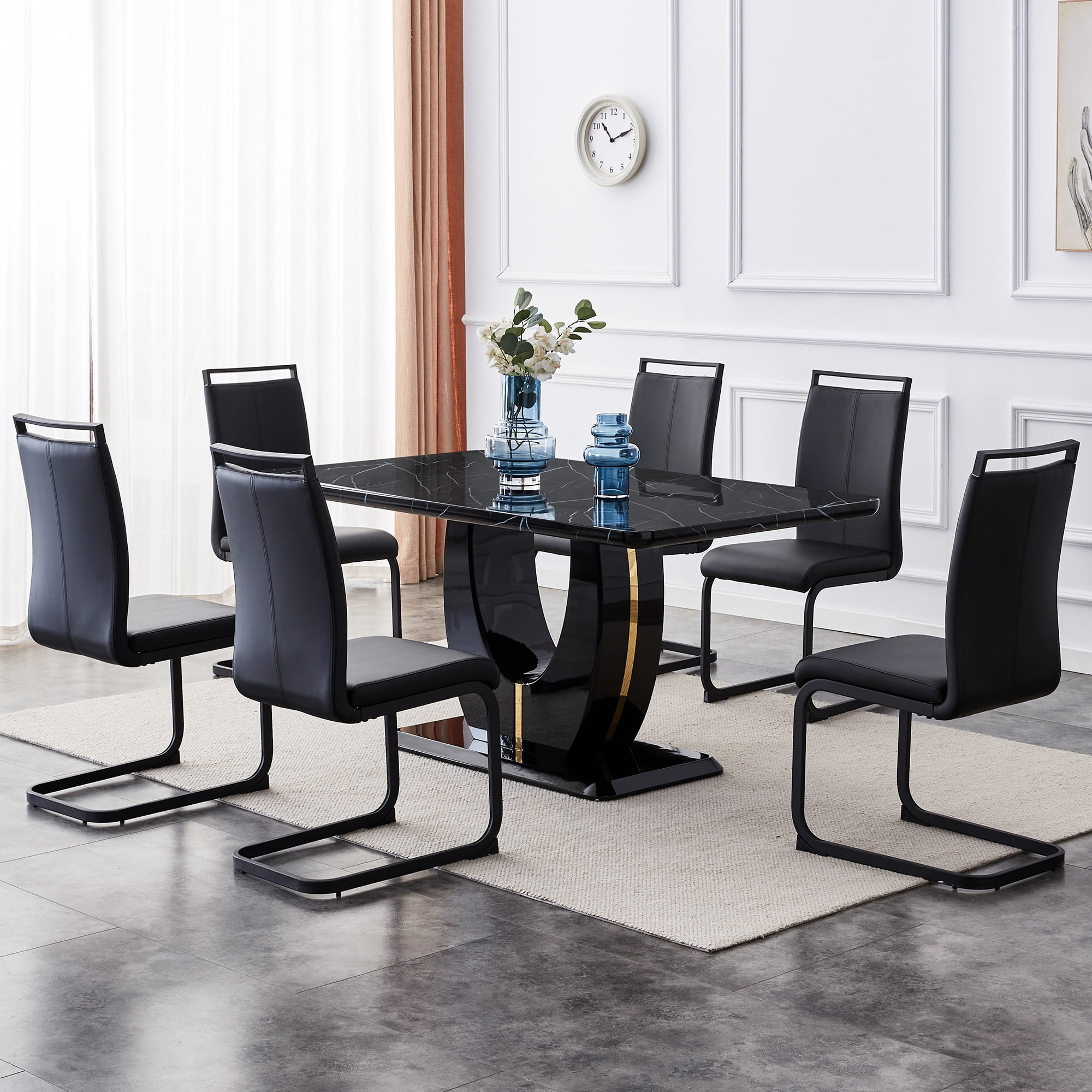 63" Modern Black Rectangle Faux Marble Dining Table Room Sets for 6 ...