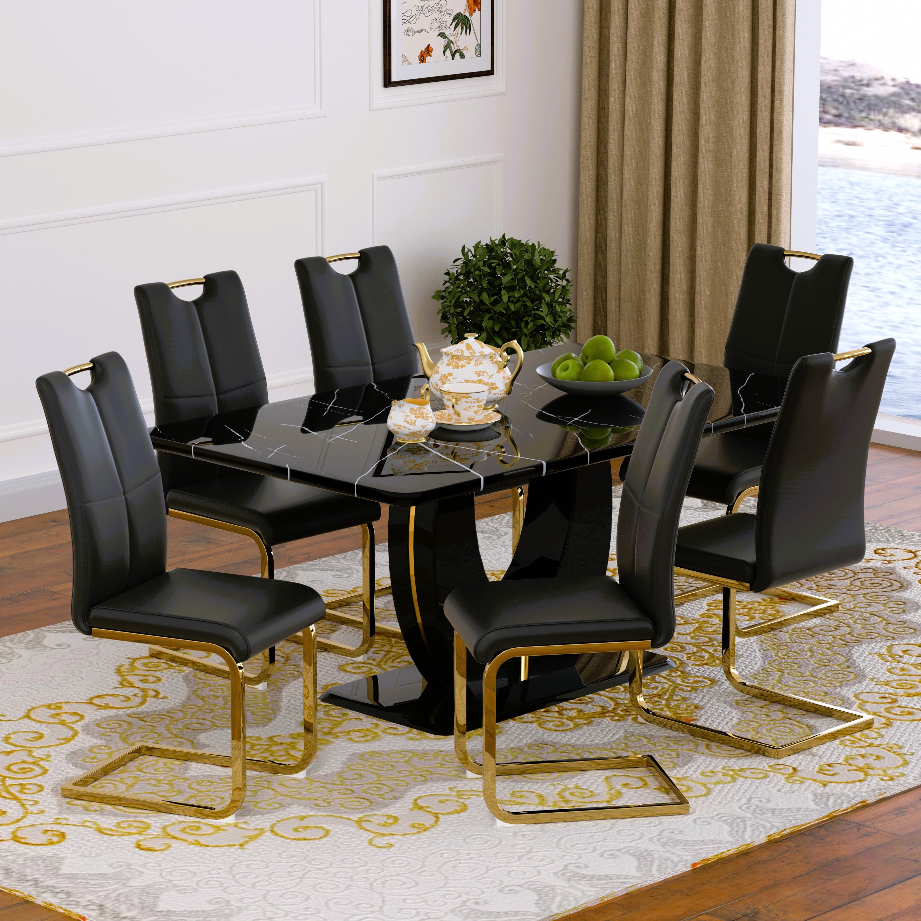 63" Modern Black Rectangle Faux Marble Dining Table Room Sets for 6 ...