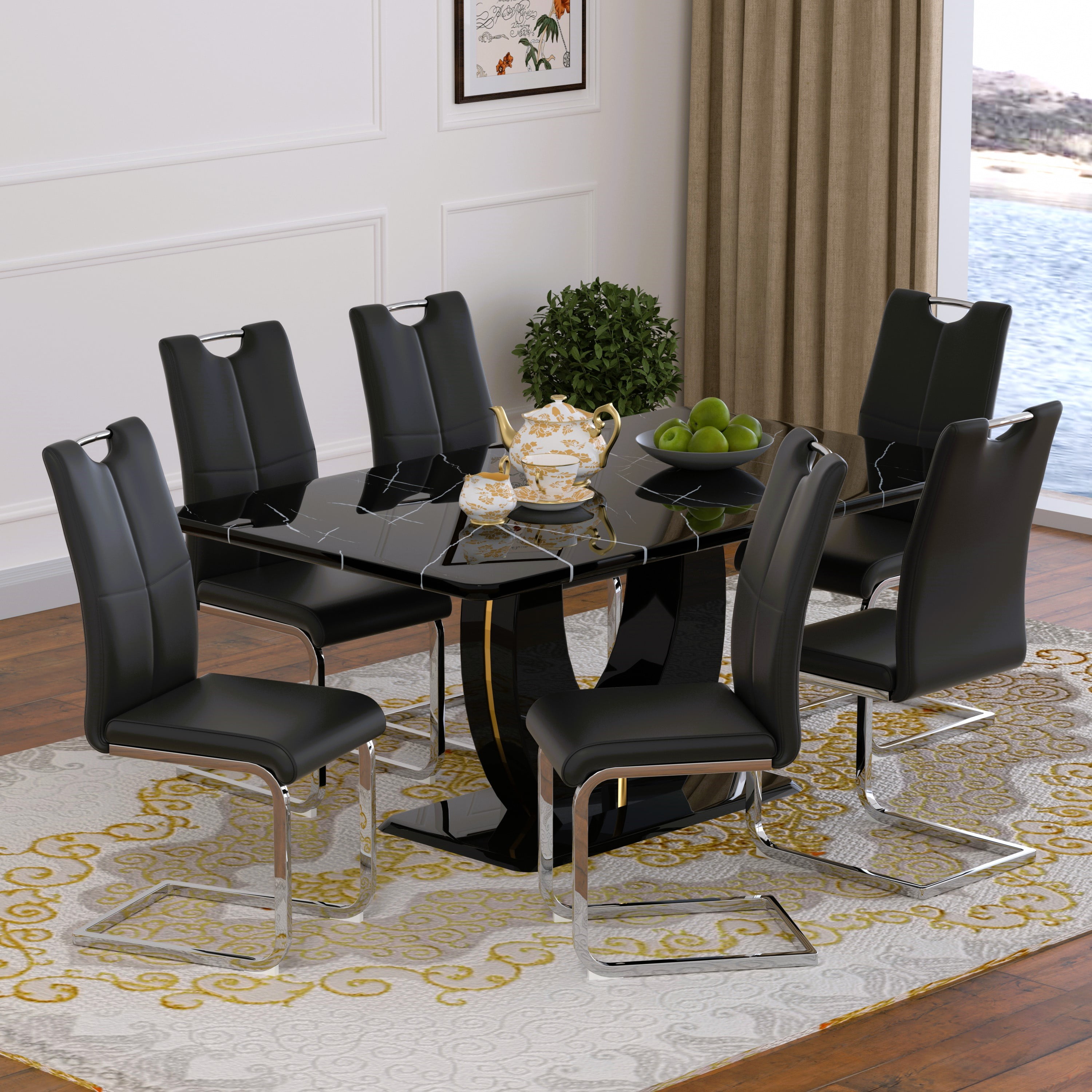 63" Modern Black Rectangle Faux Marble Dining Table Room Sets for 6 ...