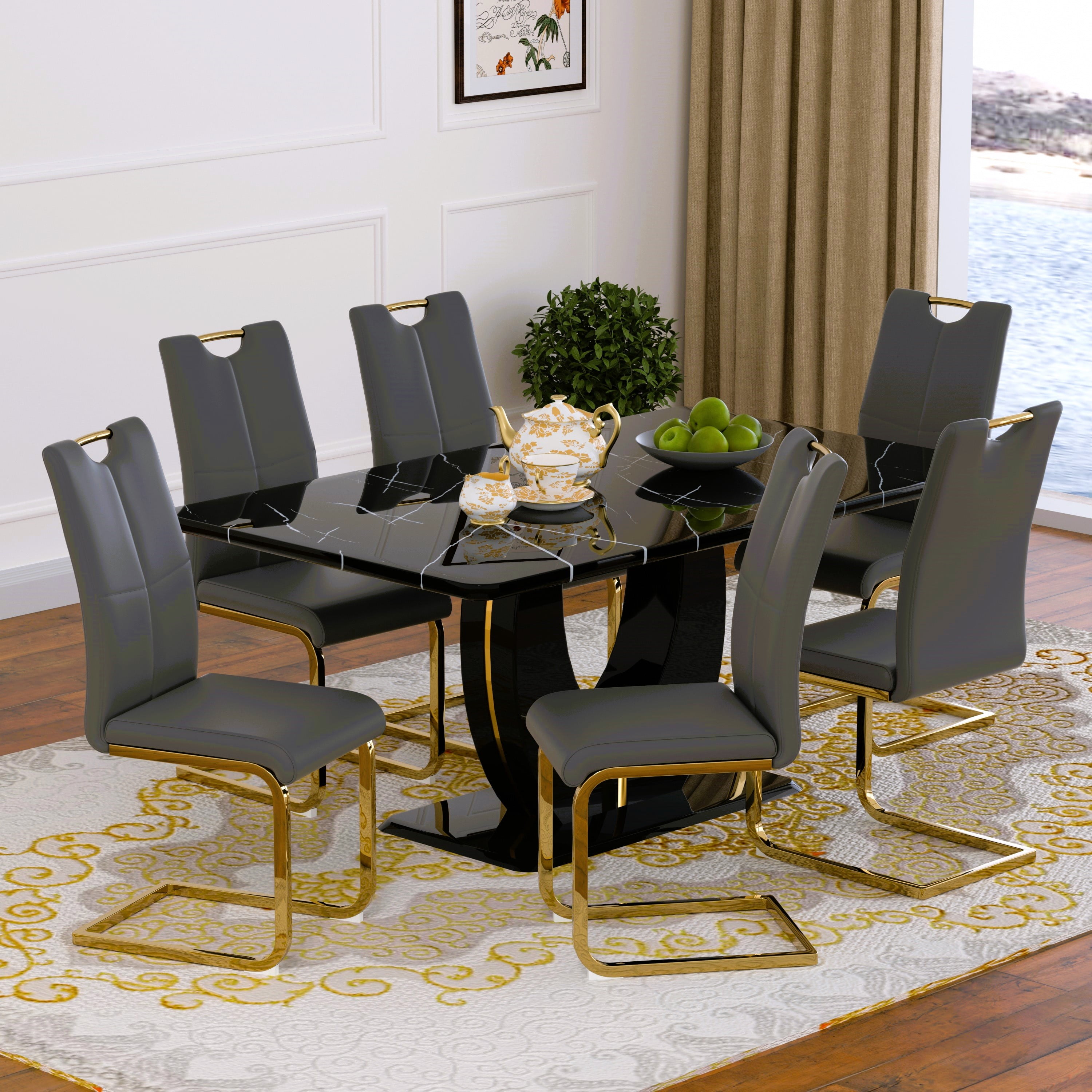 63" Modern Black Rectangle Faux Marble Dining Table Room Sets for 6 ...