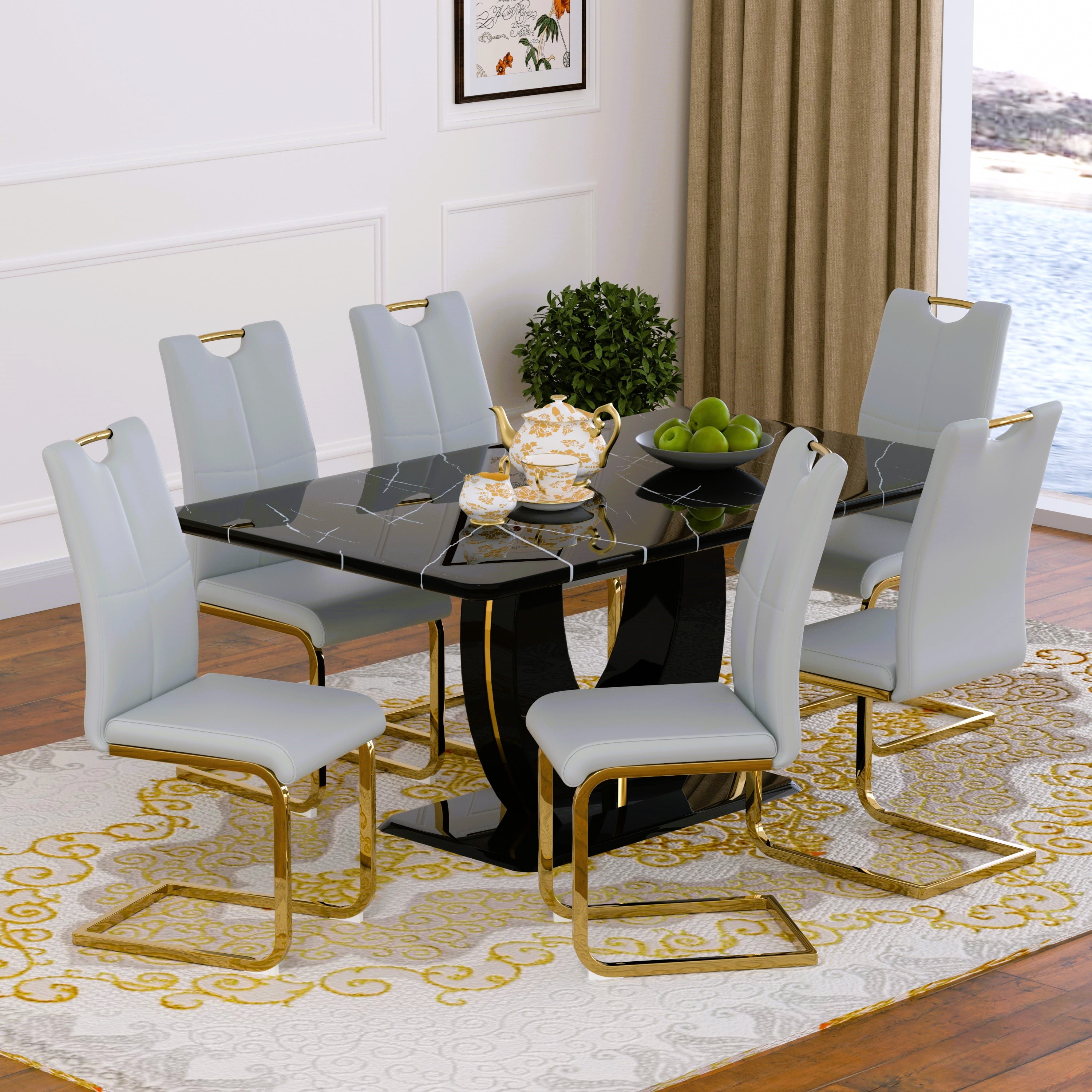63" Modern Black Rectangle Faux Marble Dining Table Room Sets for 6 ...