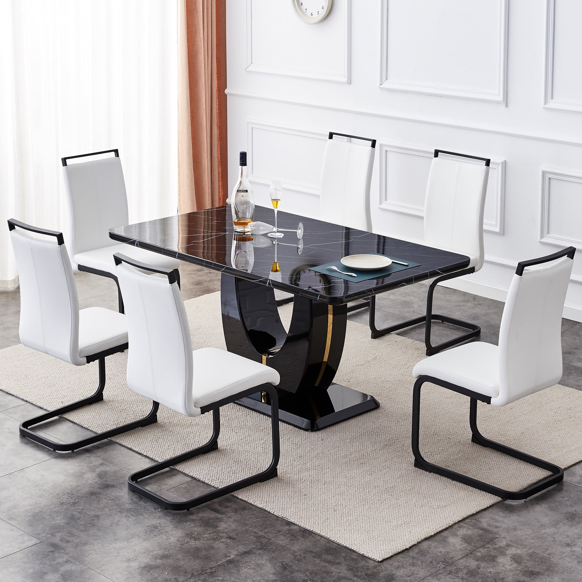 63" Modern Black Rectangle Faux Marble Dining Table Room Sets for 6 ...