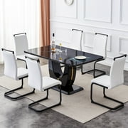 63" Modern Black Rectangle Faux Marble Dining Table Room Sets for 6,Dining Table with 6 PU Leather Dining Chairs,Black Table and 6 White C-shaped Chairs with Black Leg