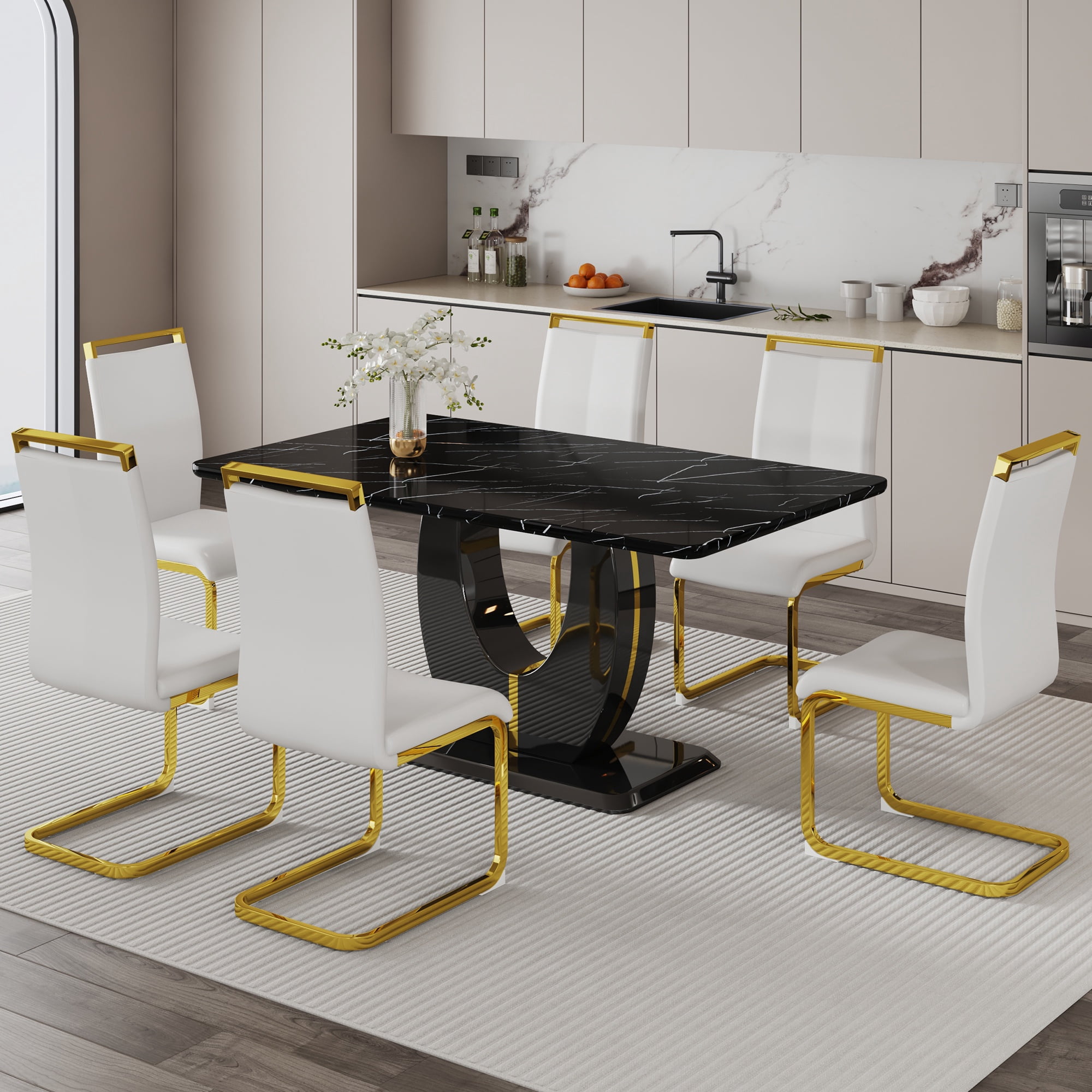 63" Modern Black Rectangle Faux Marble Dining Table Room Sets for 6 ...