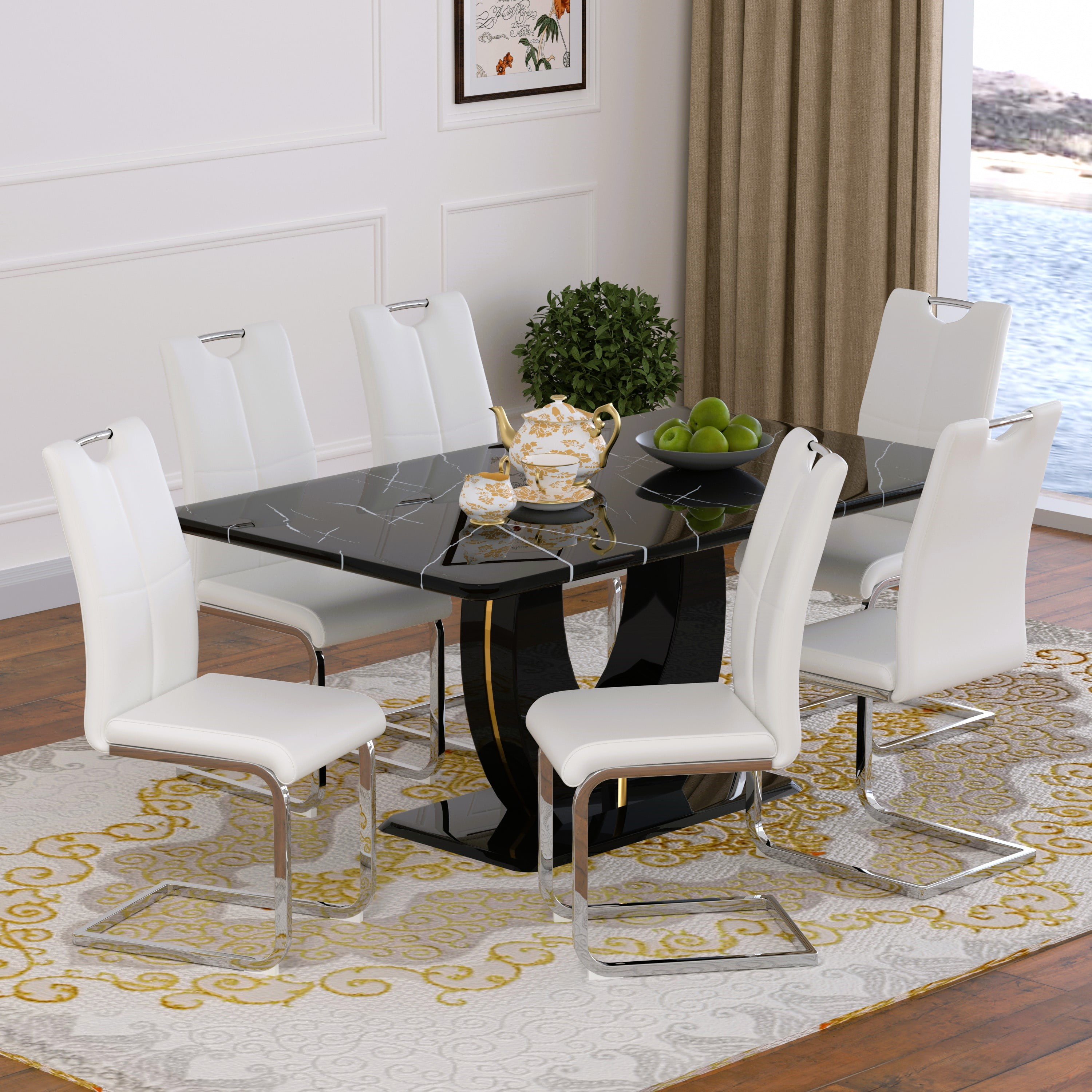 63" Modern Black Rectangle Faux Marble Dining Table Room Sets for 6 ...